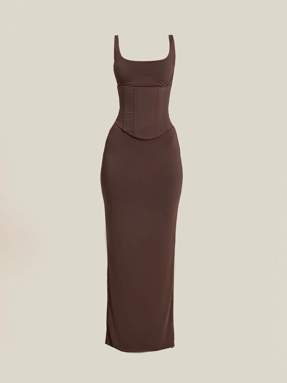 Sculpted Brown Corset Maxi Dress